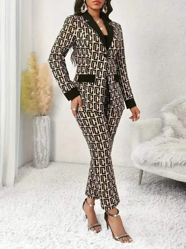 Women's Long Sleeve Collar Patterned Scuba Jacket Blouse And Pants Three Piece Set - 4