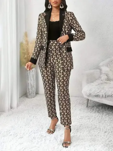 Women's Long Sleeve Collar Patterned Scuba Jacket Blouse And Pants Three Piece Set - 5