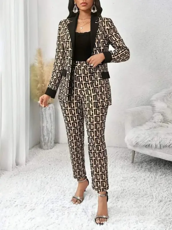 Women's Long Sleeve Collar Patterned Scuba Jacket Blouse And Pants Three Piece Set - 5