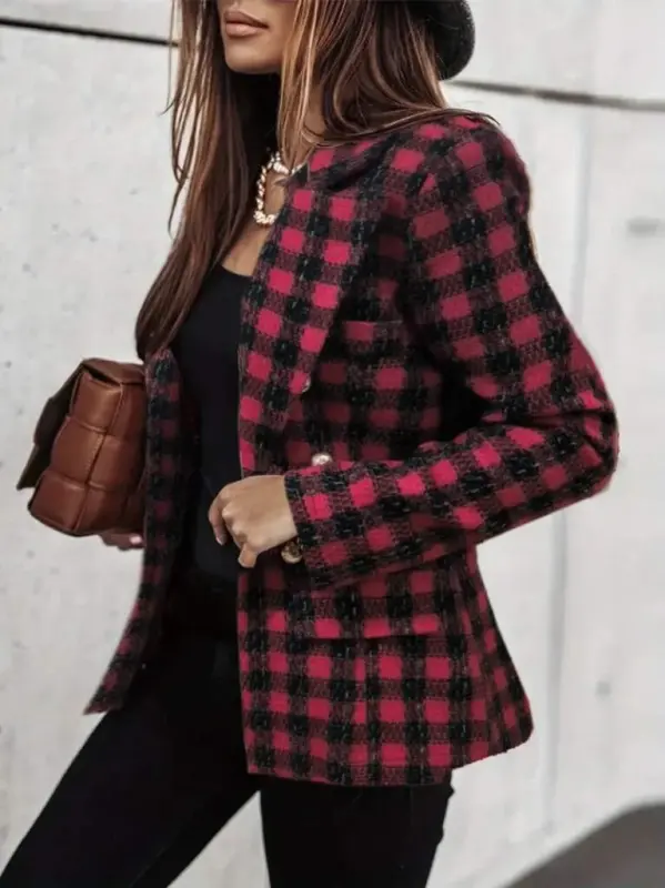 Women's Long Sleeve Collar Plaid Checkered Buttoned Jacket - 1