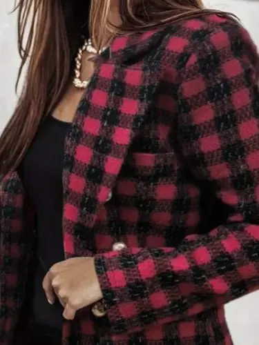 Women's Long Sleeve Collar Plaid Checkered Buttoned Jacket - BÜYÜKBEDENIZ (1)