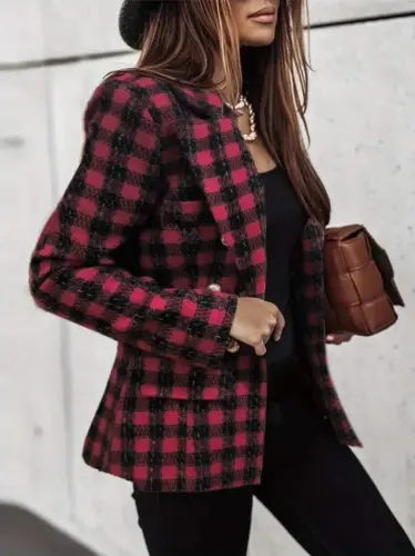 Women's Long Sleeve Collar Plaid Checkered Buttoned Jacket - 3