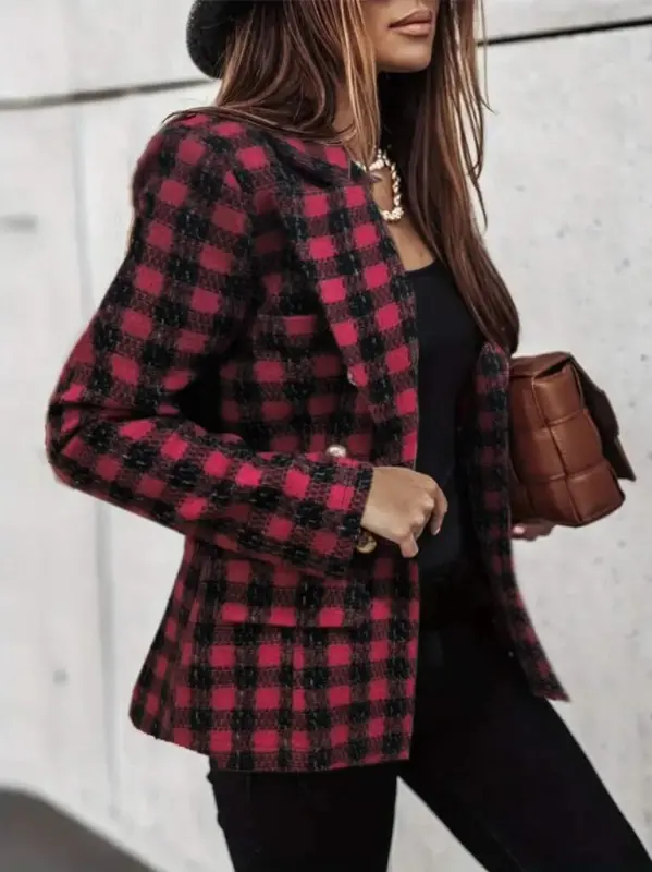 Women's Long Sleeve Collar Plaid Checkered Buttoned Jacket - 3