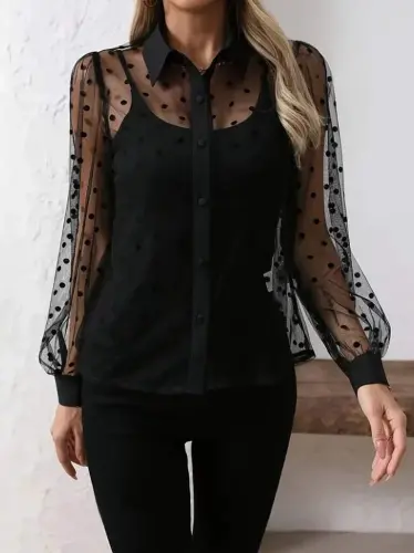 Women's Long Sleeve Collar See-through Tulle Detailed Viscose Tank Top Set - 1