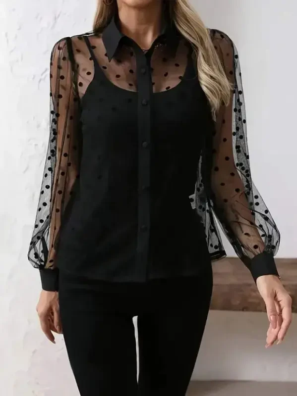 Women's Long Sleeve Collar See-through Tulle Detailed Viscose Tank Top Set - 1