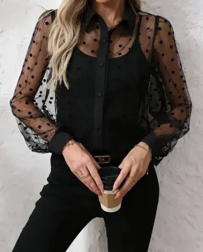 Women's Long Sleeve Collar See-through Tulle Detailed Viscose Tank Top Set - BÜYÜKBEDENIZ (1)