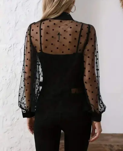 Women's Long Sleeve Collar See-through Tulle Detailed Viscose Tank Top Set - 3