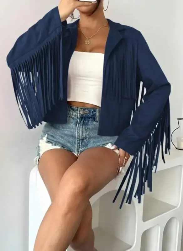 Women's Long Sleeve Collar Short Tassel Suede Jacket - 1