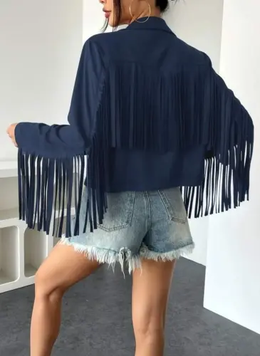 Women's Long Sleeve Collar Short Tassel Suede Jacket - 2