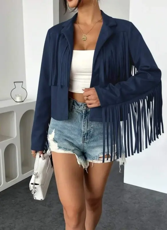 Women's Long Sleeve Collar Short Tassel Suede Jacket - 3