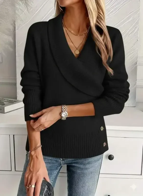 Women's Long Sleeve Collar Side Button Knit Blouse - BÜYÜKBEDENIZ