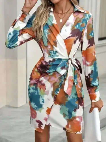 Women's Long Sleeve Collar Side Tie Mini Patterned Modal Dress - BÜYÜKBEDENIZ (1)