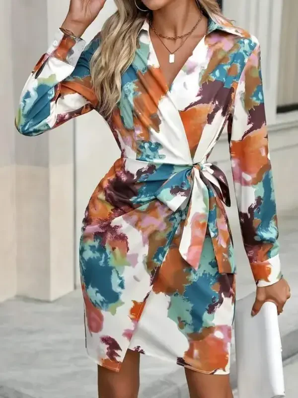 Women's Long Sleeve Collar Side Tie Mini Patterned Modal Dress - 2