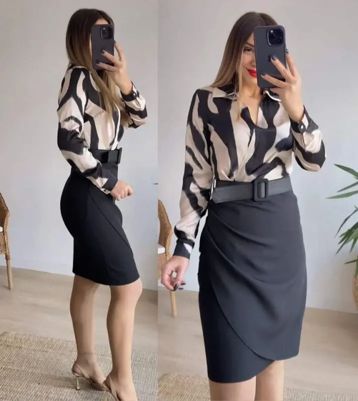 Women's Long Sleeve Collar Top Diver Skirt Crepe Belted Dress - BÜYÜKBEDENIZ