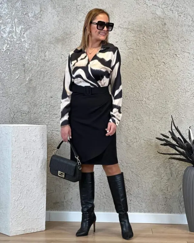 Women's Long Sleeve Collar Top Diver Skirt Crepe Belted Dress - 2