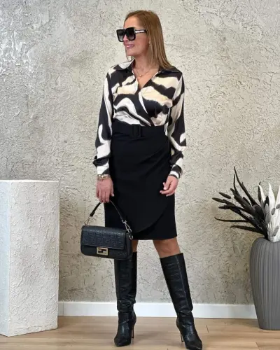 Women's Long Sleeve Collar Top Diver Skirt Crepe Belted Dress - 3