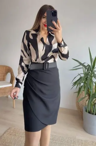 Women's Long Sleeve Collar Top Diver Skirt Crepe Belted Dress - 10