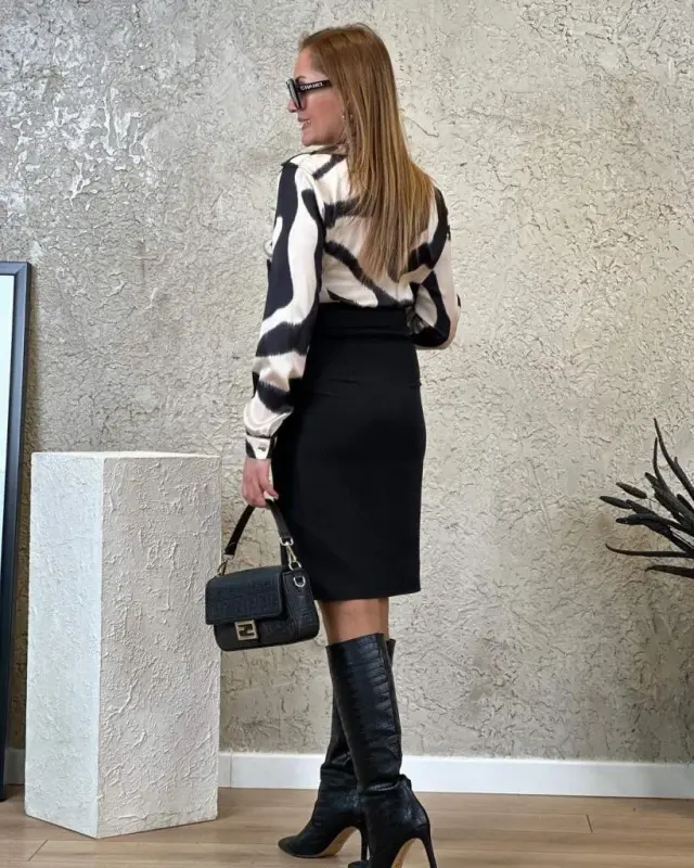 Women's Long Sleeve Collar Top Diver Skirt Crepe Belted Dress - 4