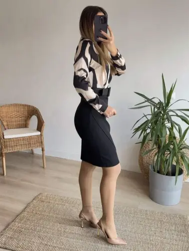 Women's Long Sleeve Collar Top Diver Skirt Crepe Belted Dress - 9