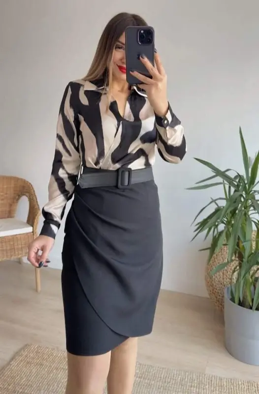 Women's Long Sleeve Collar Top Diver Skirt Crepe Belted Dress - 6