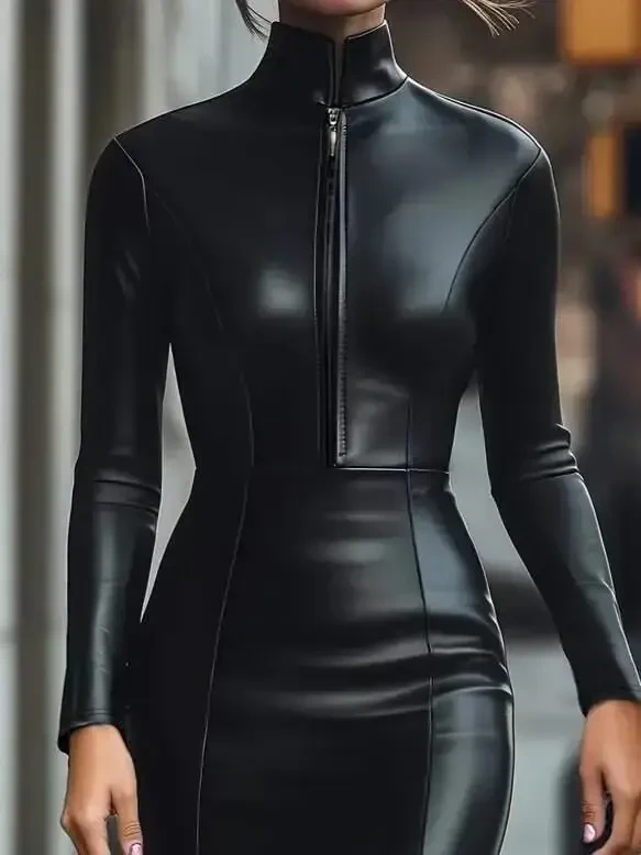 Women's Long Sleeve Collar Zippered Mini Leather Dress - 2