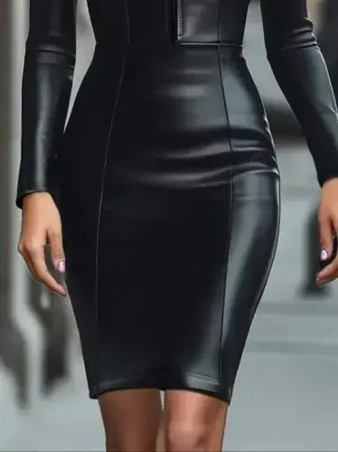 Women's Long Sleeve Collar Zippered Mini Leather Dress - 3