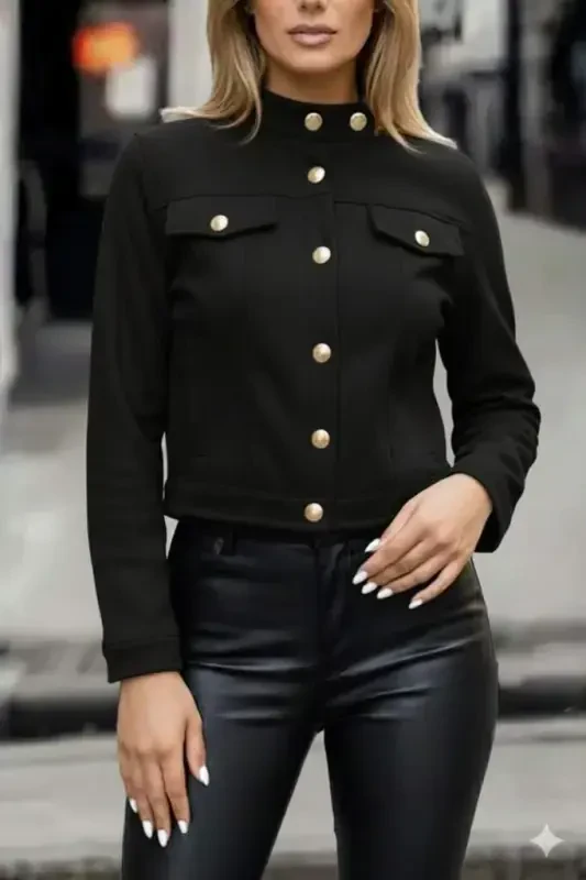 Women's Long Sleeve Collared and Front Buttoned Suede Crop Jacket - BÜYÜKBEDENIZ