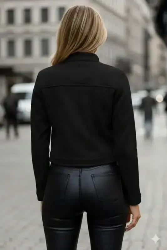 Women's Long Sleeve Collared and Front Buttoned Suede Crop Jacket - 2