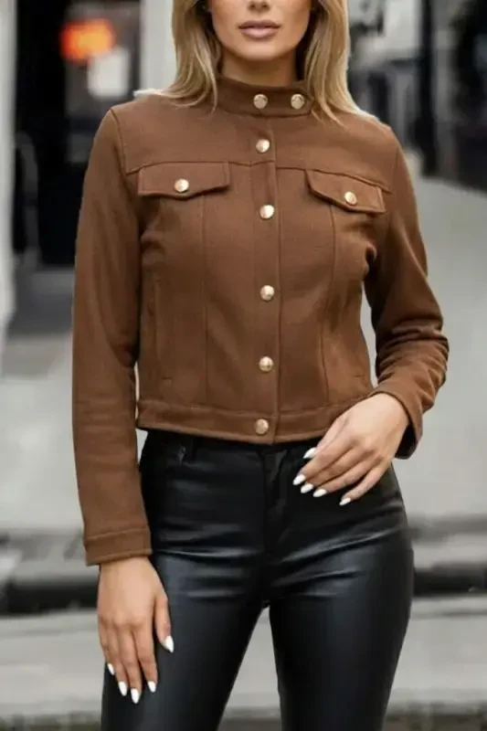 Women's Long Sleeve Collared and Front Buttoned Suede Short Jacket - 1