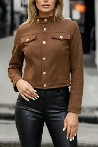 Women's Long Sleeve Collared and Front Buttoned Suede Short Jacket - 3