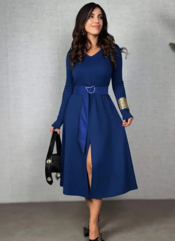 Women's Long Sleeve Collared Belted Slit Midi Viscose Two Thread Dress with Leather Detail at the Waist - 1