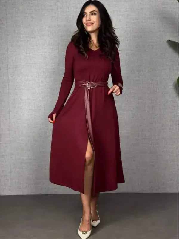Women's Long Sleeve Collared Belted Slit Midi Viscose Two Thread Dress with Leather Detail from the Waist - 1