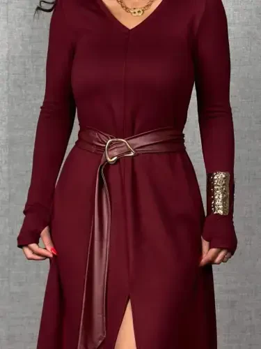 Women's Long Sleeve Collared Belted Slit Midi Viscose Two Thread Dress with Leather Detail from the Waist - BÜYÜKBEDENIZ (1)