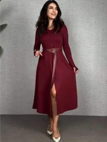 Women's Long Sleeve Collared Belted Slit Midi Viscose Two Thread Dress with Leather Detail from the Waist - 3
