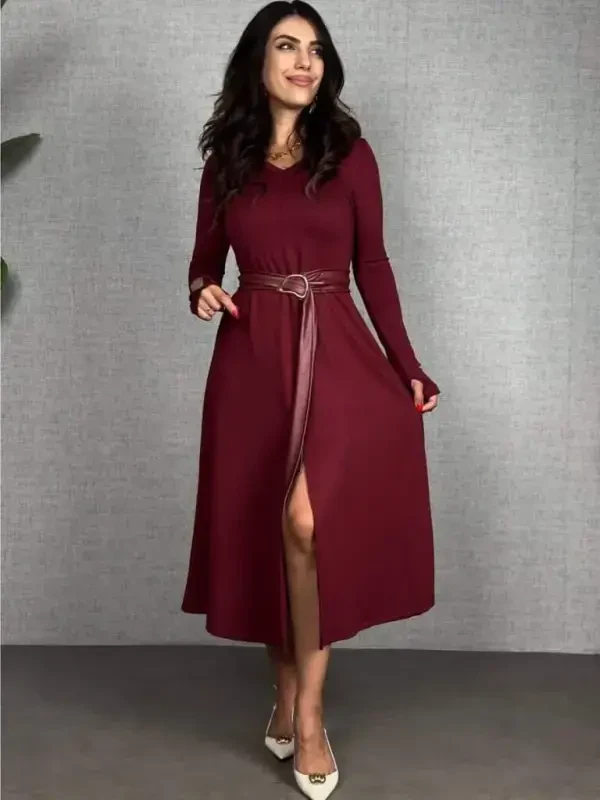Women's Long Sleeve Collared Belted Slit Midi Viscose Two Thread Dress with Leather Detail from the Waist - 3