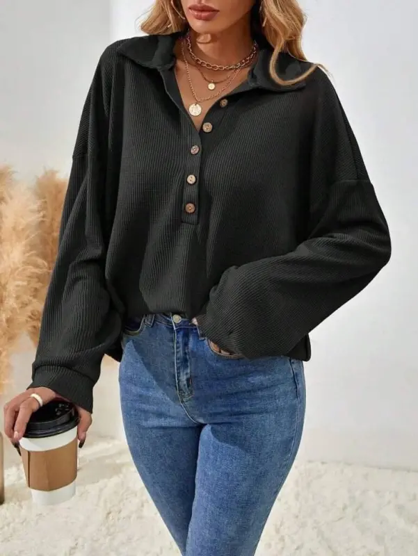 Women's Long Sleeve Collared Button-Down Loose Waffle Blouse - 1
