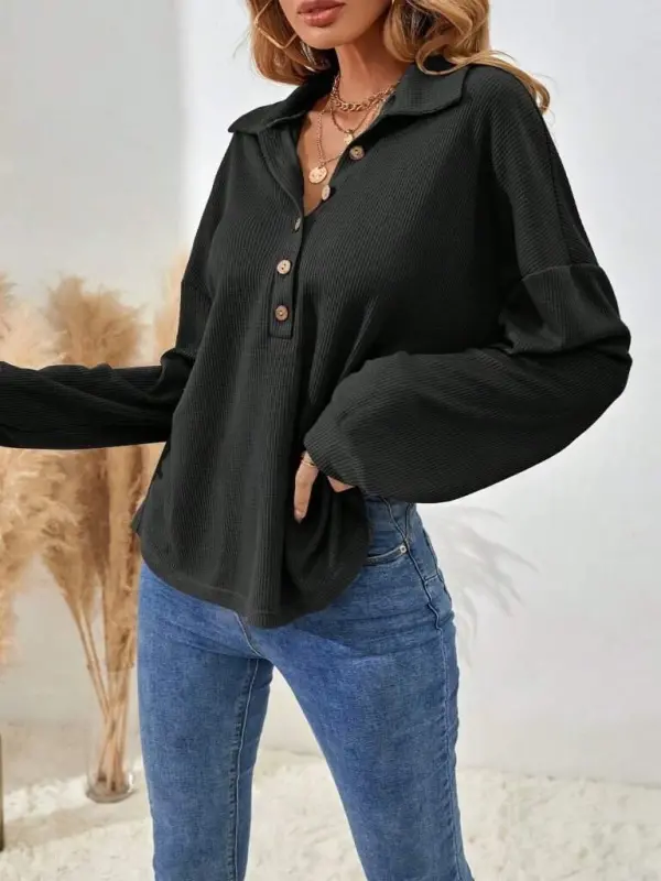Women's Long Sleeve Collared Button-Down Loose Waffle Blouse - 2