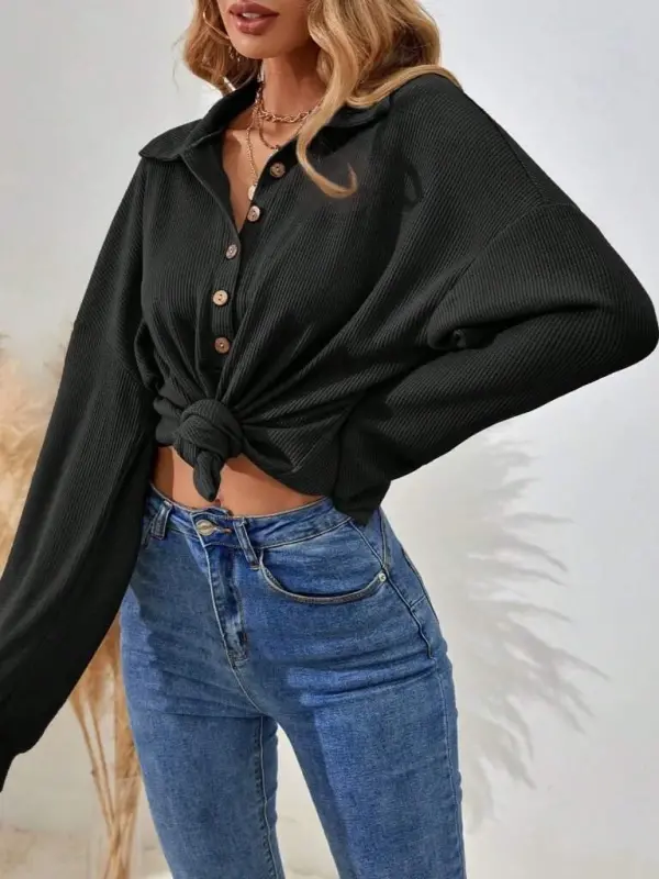 Women's Long Sleeve Collared Button-Down Loose Waffle Blouse - 3