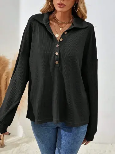 Women's Long Sleeve Collared Button-Down Loose Waffle Blouse - 4