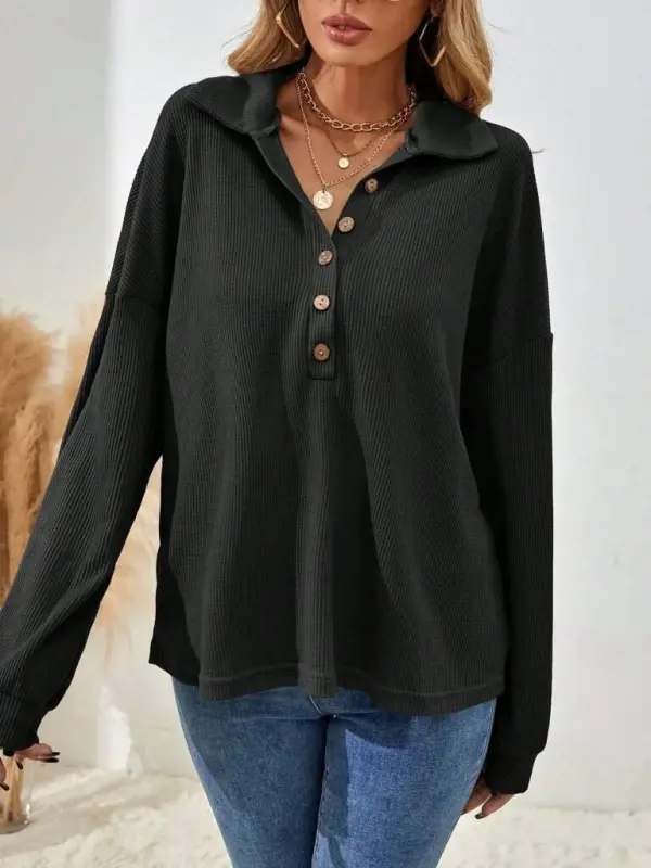 Women's Long Sleeve Collared Button-Down Loose Waffle Blouse - 4