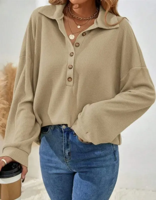 Women's Long Sleeve Collared Button-Down Loose Waffle Blouse - 1