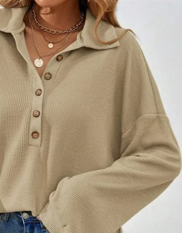 Women's Long Sleeve Collared Button-Down Loose Waffle Blouse - 2