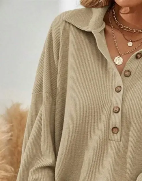 Women's Long Sleeve Collared Button-Down Loose Waffle Blouse - 3