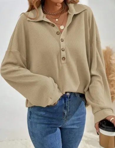 Women's Long Sleeve Collared Button-Down Loose Waffle Blouse - 4