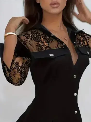 Women's Long Sleeve Collared Button-Down Pocket Detail Mini Modal Dress - 2