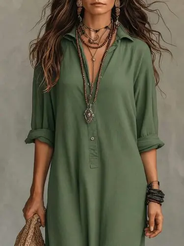 Women's Long Sleeve Collared Button-Down Slit Detail Maxi Dress - 2