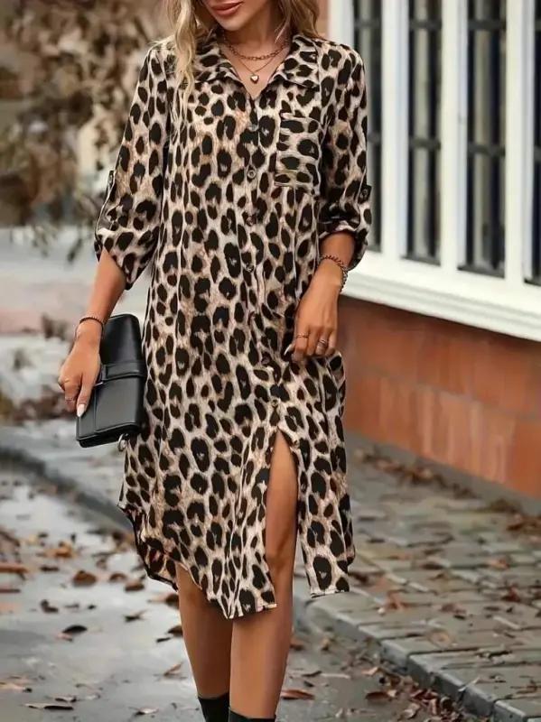 Women's Long Sleeve Collared Button-front Leopard Print Modal Midi Dress - BÜYÜKBEDENIZ