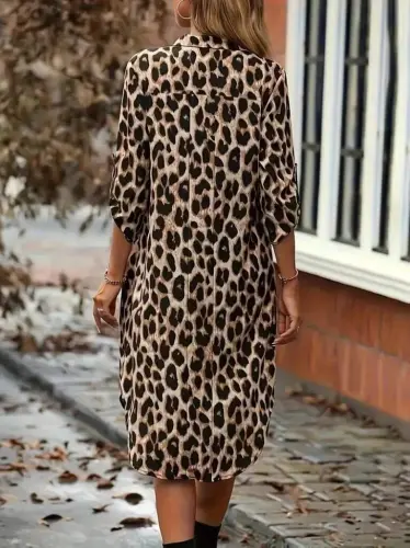 Women's Long Sleeve Collared Button-front Leopard Print Modal Midi Dress - 3