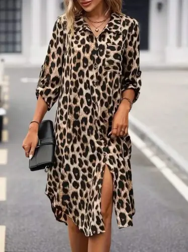Women's Long Sleeve Collared Button-front Leopard Print Modal Midi Dress - 4