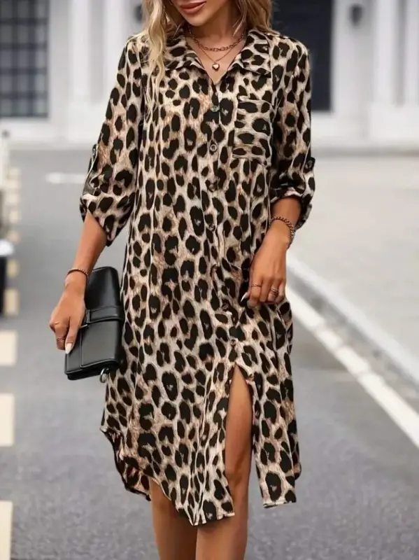 Women's Long Sleeve Collared Button-front Leopard Print Modal Midi Dress - 4